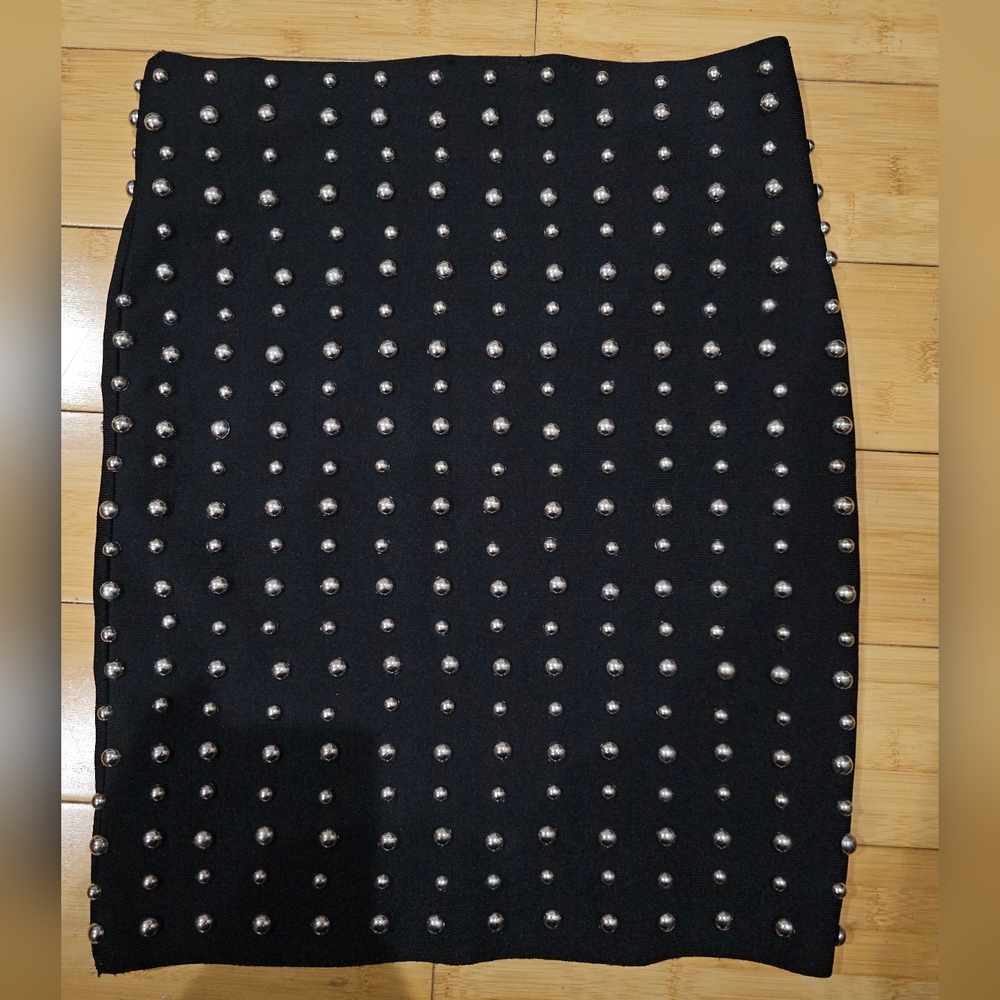 Punk Goth Sexy Forever 21 Silver Studded Black Stretchy Bodycon Pencil Skirt M - Picture 4 of 9